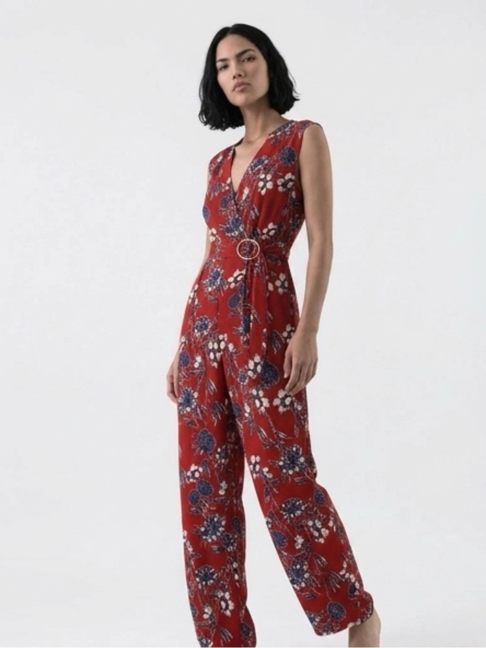 Angie Red Floral Wrap-Style Jumpsuit Open Back Stylish